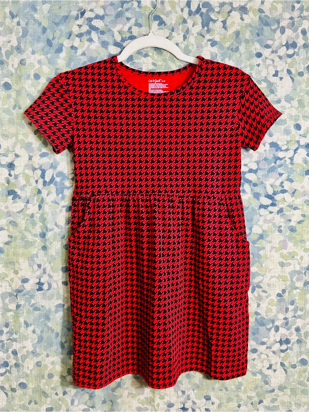 Cat & Jack Red Black Houndstooth Dress Girls M 8 Short Sleeve Pocket Dress
